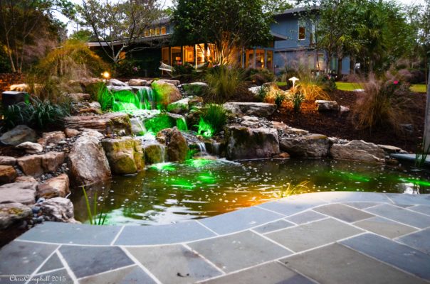 stone pond with waterfall by a patio in a backyard garden
