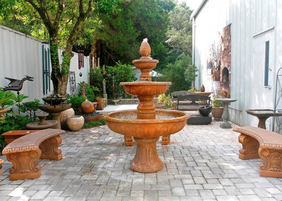 stone fountain, stone pavers patio, stone bench, garden art, wind-chimes, and statuary at stone garden display