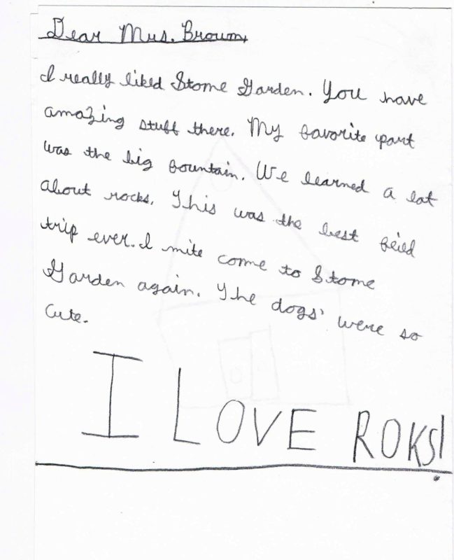 child's thank you note after field trip to stone garden