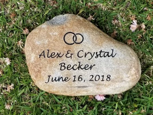 engraving on stone rock gift for the garden saying Alex and Crystal Becker