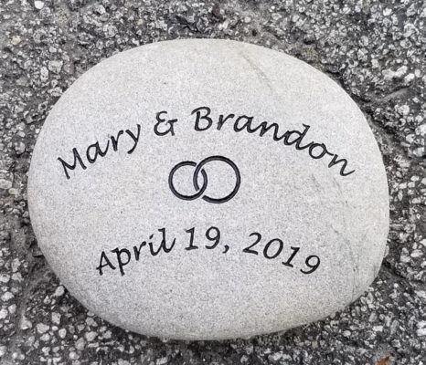 engraving on stone rock gift for the garden saying Mary and Brandon